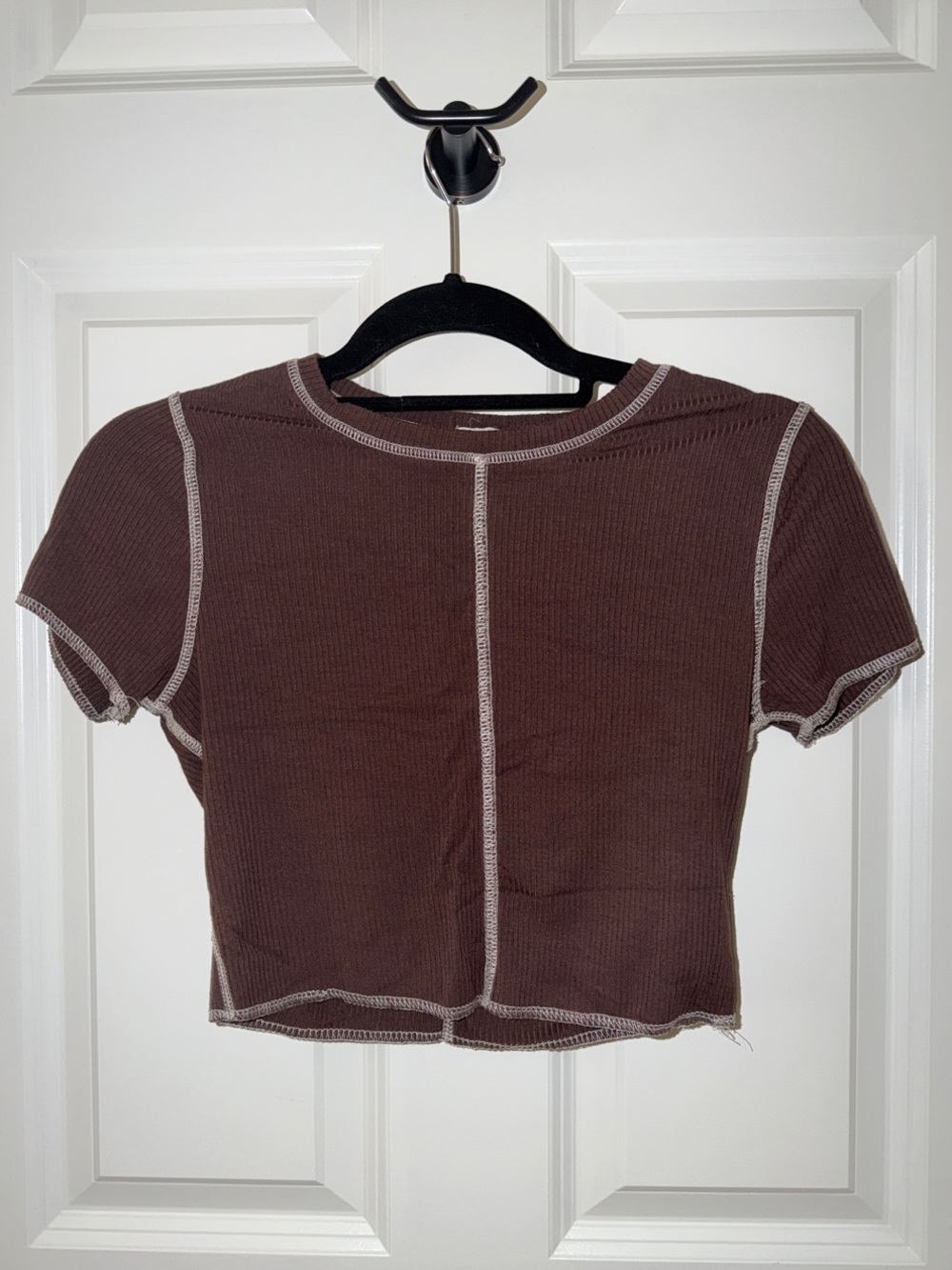 Garage Brown Ribbed Contrast-Stitch Crop Top